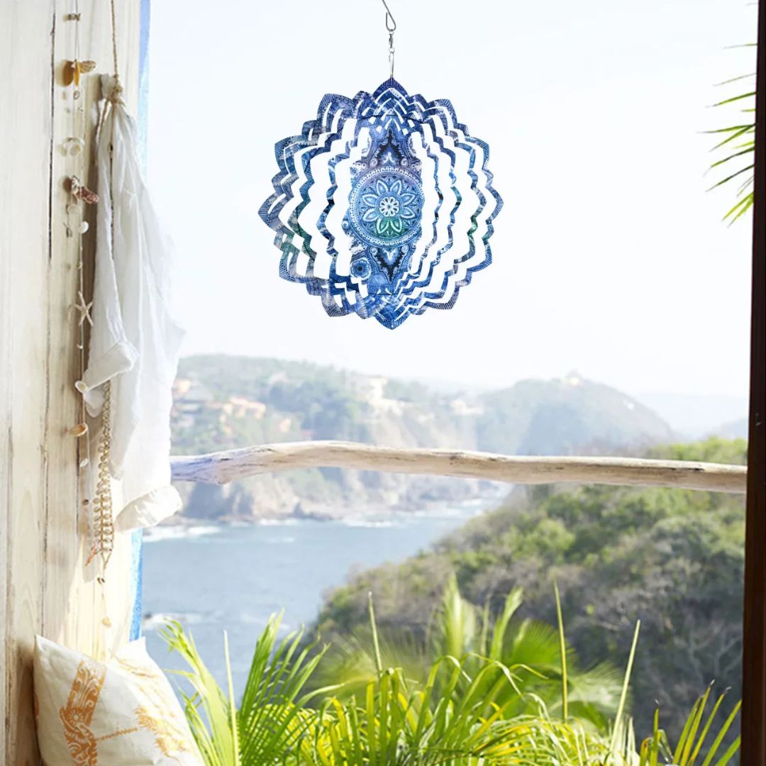 Carillon à vent bleu rotatif avec mandalas