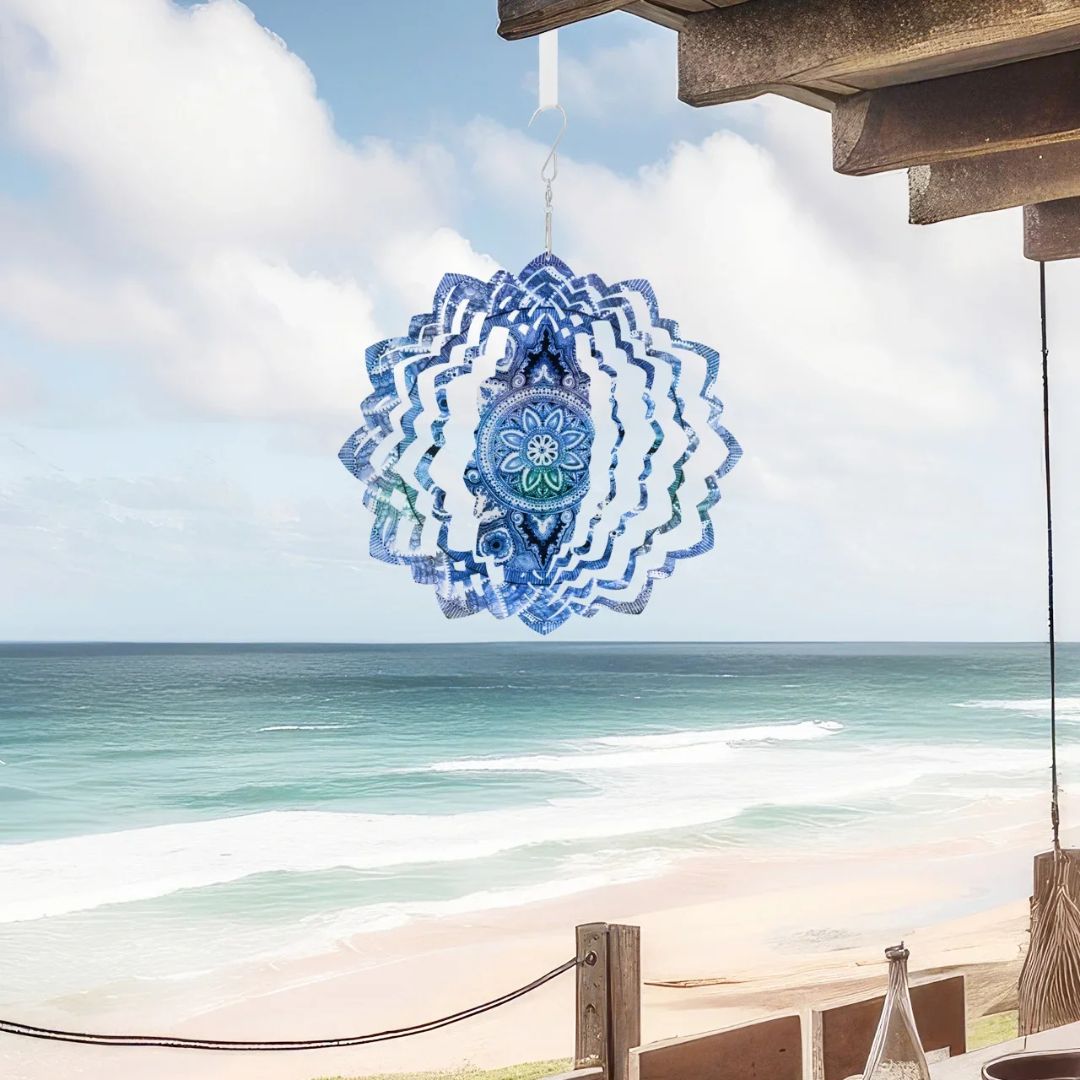 Carillon à vent bleu rotatif avec mandalas