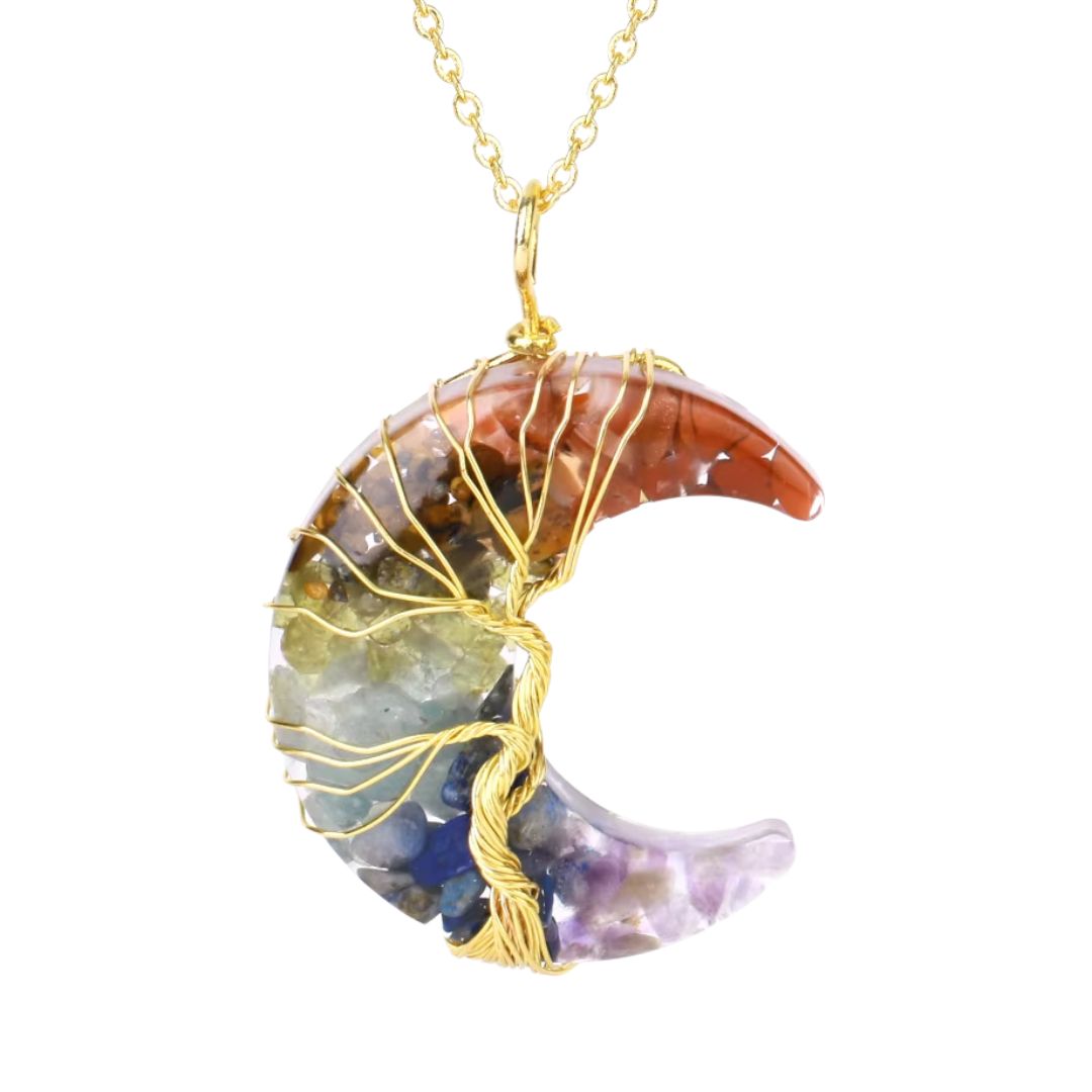 Collier 7 Chakras Croissant de Lune sur fond blanc