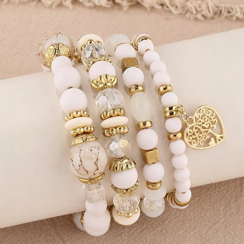 Ensemble de 4 Bracelets Arbre de Vie Blancs avec Perles