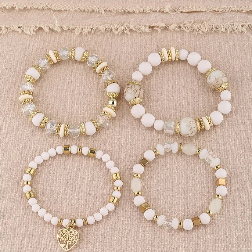 Ensemble de 4 Bracelets Arbre de Vie Blancs avec Perles