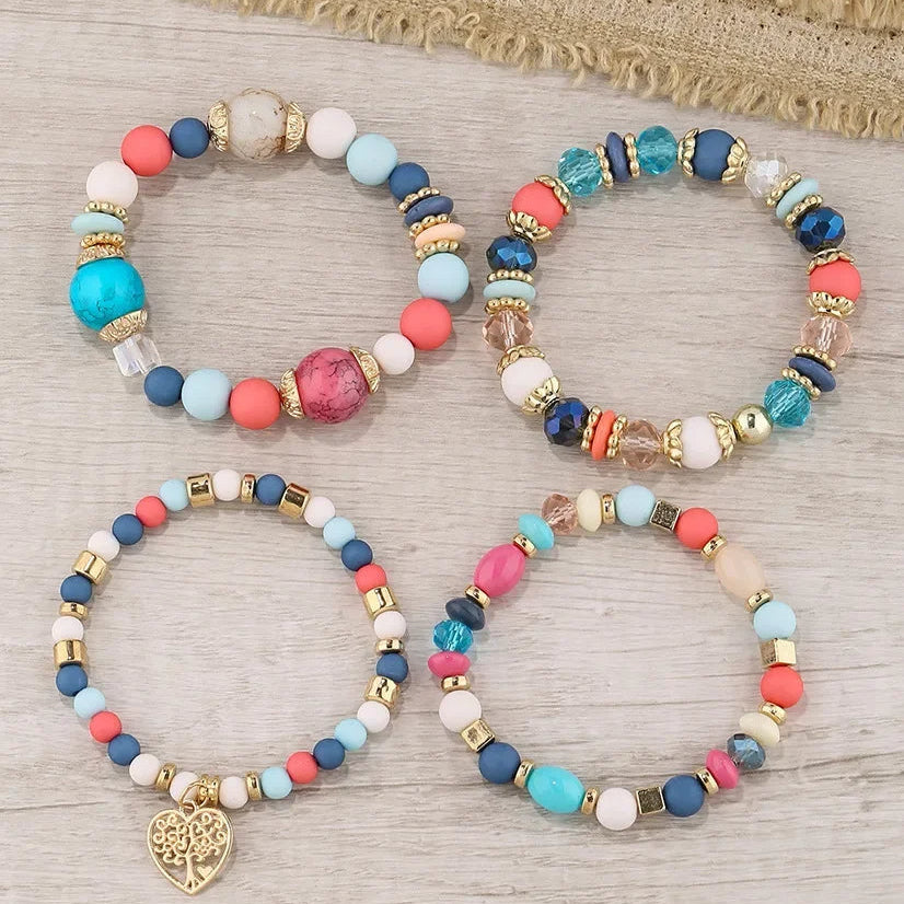 Ensemble de 4 Bracelets Arbre de Vie Multicolores avec Perles