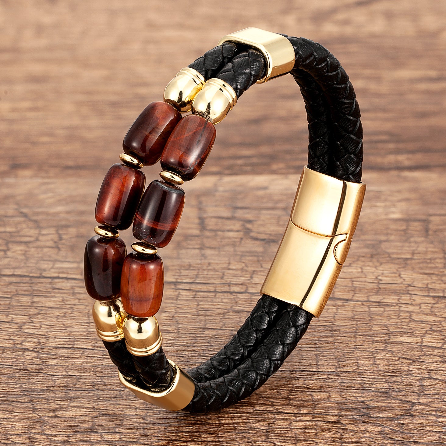 Lot De 3 Bracelets Homme Œil De Tigre - Perles Naturelles, Tressés Et Superposables - Style Boho Élégant