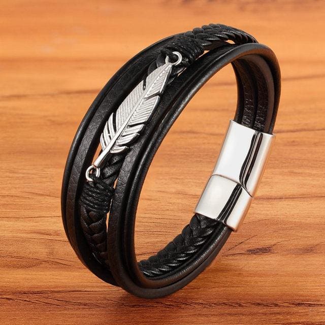 Bracelet enveloppant en cuir ’ plume d’ange ’ - Argenté / 21cm