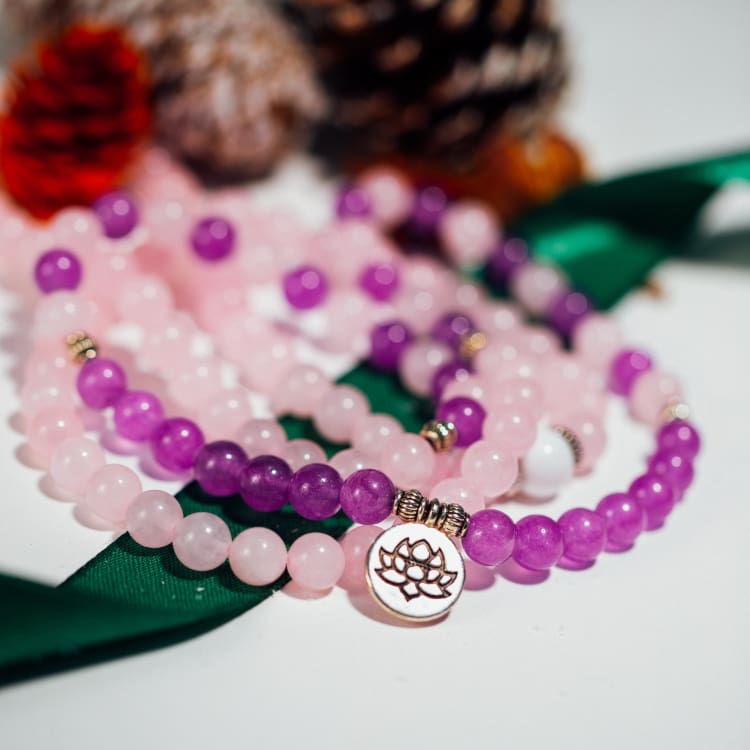 Bracelet Mala «Réconfort & Sérénité» 108 perles en Quartz Rose et Améthyste - Lotus - Bracelet