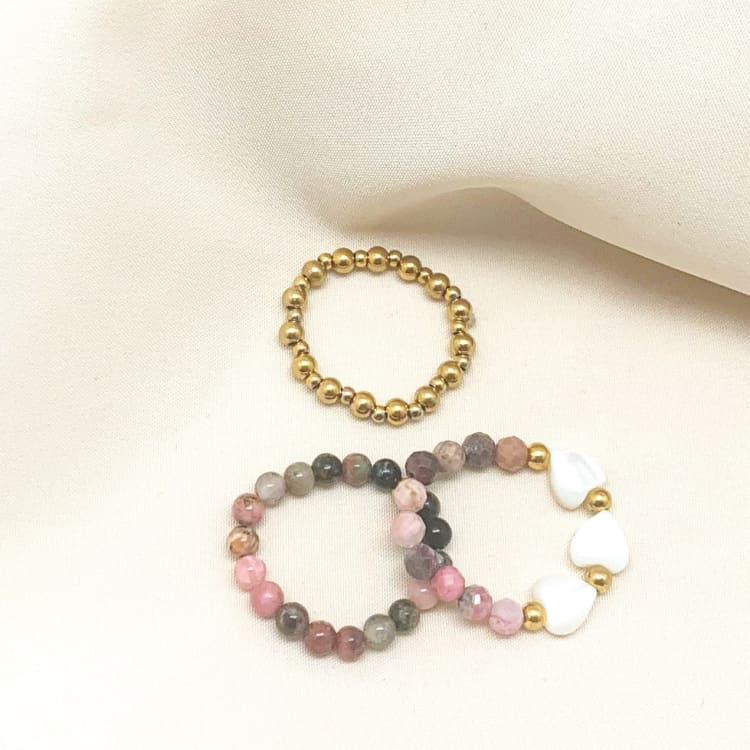 Trio de Bagues en Quartz Rose et Rhodochrosite