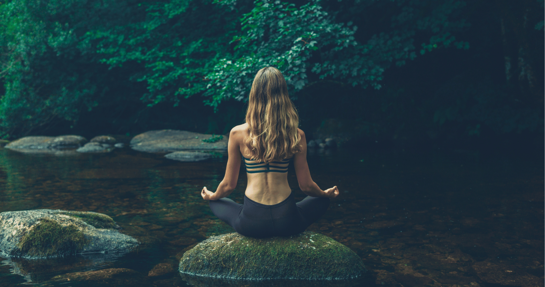 Femme vue de dos qui médite avec des pierres, en position du lotus sur un rocher au milieu d'une riviere Image