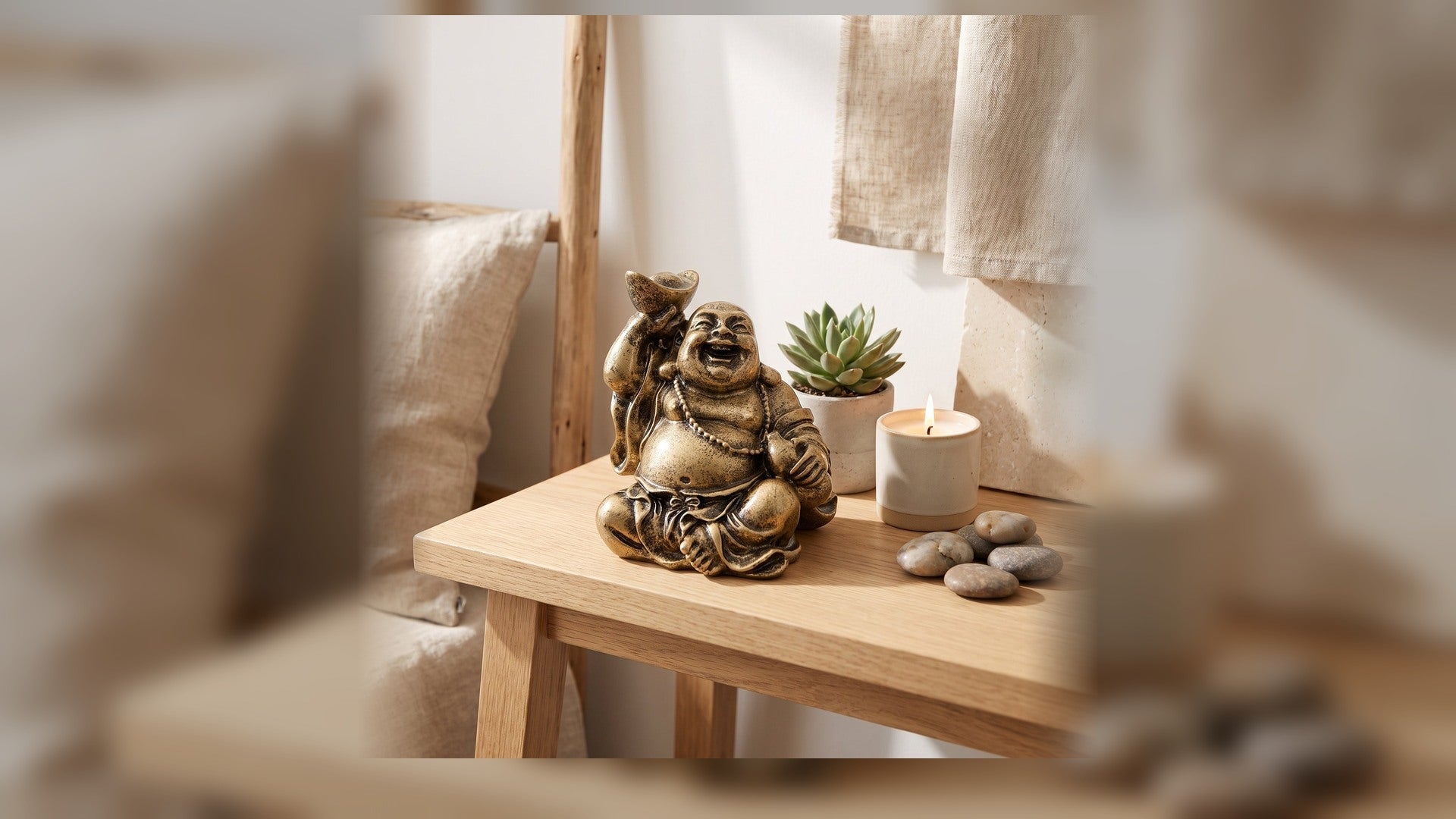 Bouddha rieur souriant dans un intérieur zen Image