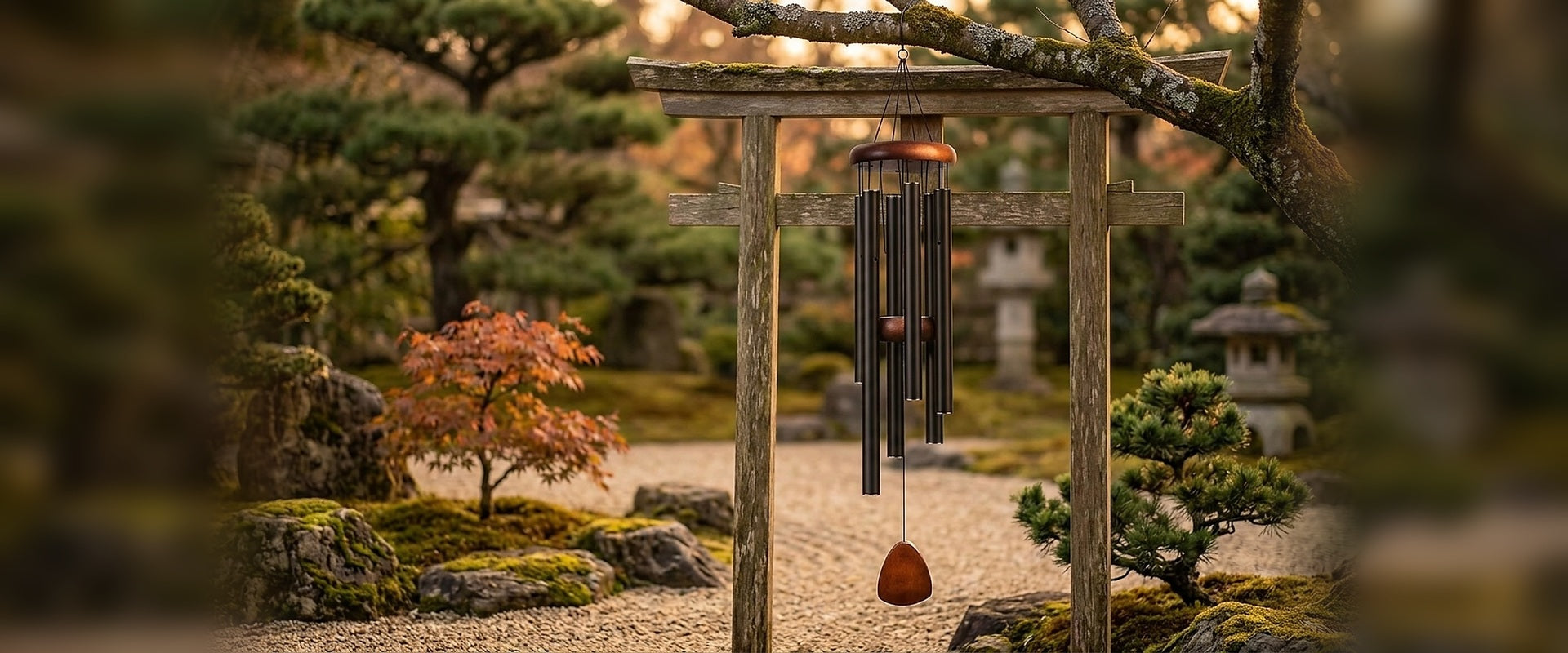 Carillon à vent noir à six tubes suspendu dans un jardin japonais Image