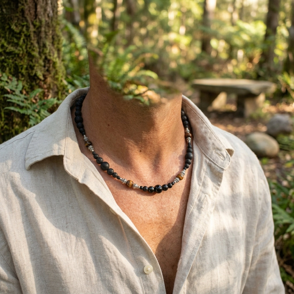 Collier Homme Œil de Tigre et Pierre de Lave, Force et Ancrage