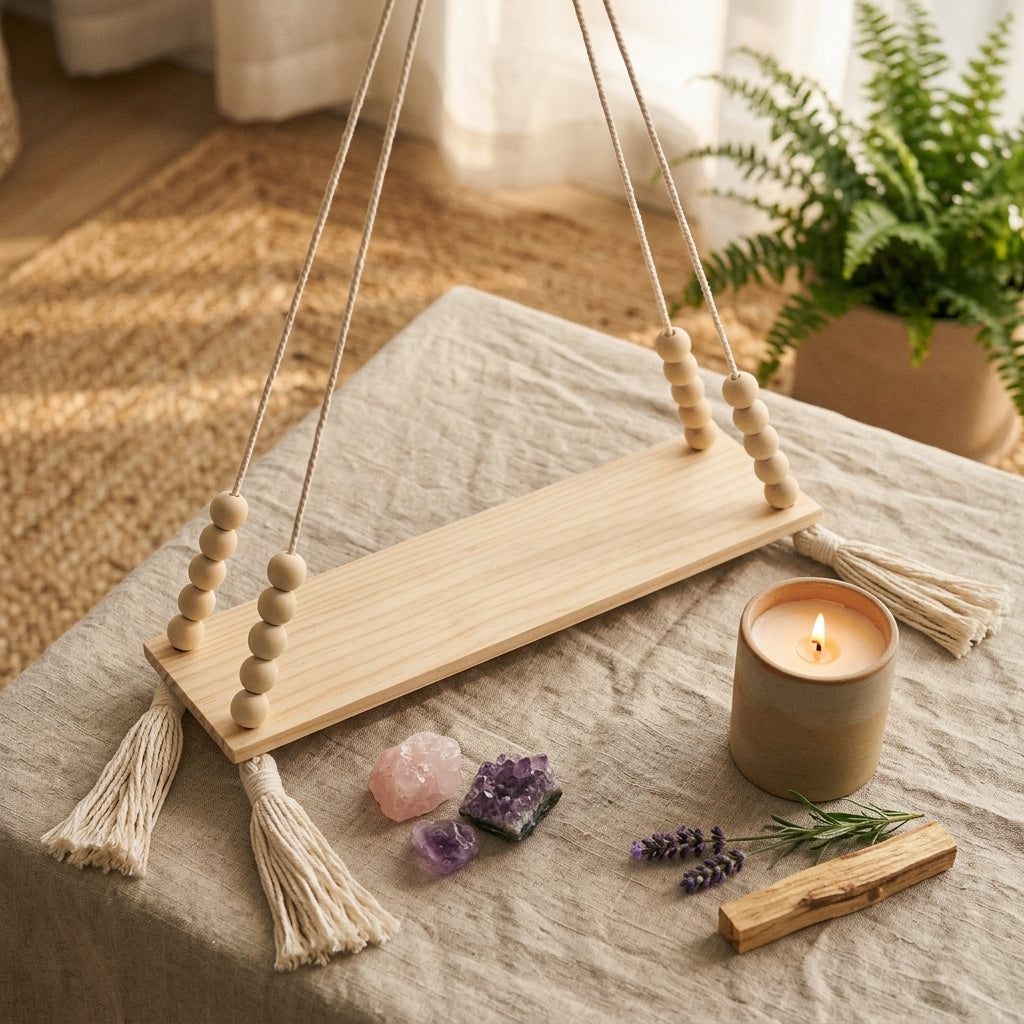 Étagère murale Zen en bois et macramé, Ambiance Apaisante