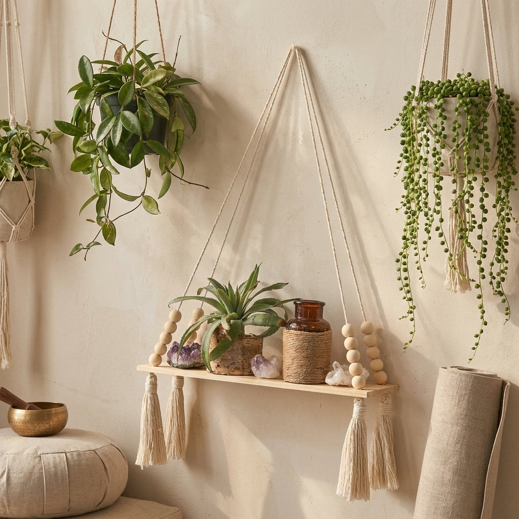Étagère murale Zen en bois et macramé, Ambiance Apaisante