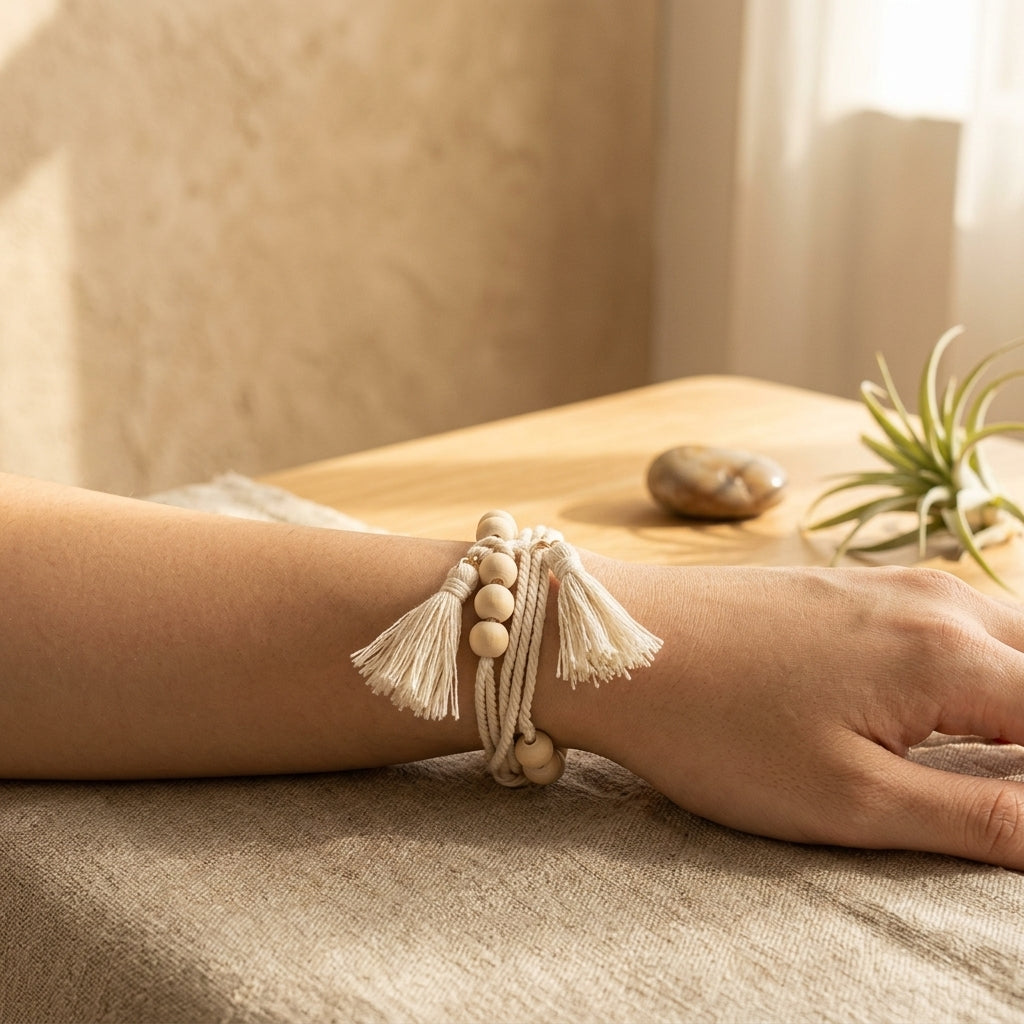 Étagère murale Zen en bois et macramé, Ambiance Apaisante