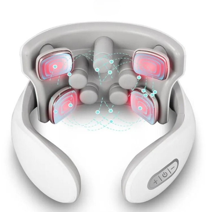Dispositif de massage électrique vibrant et chauffant pour le cou sur fond blanc