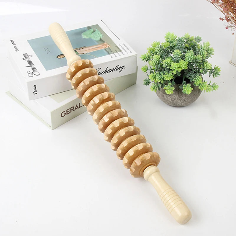 Rouleau de massage manuel en bois avec poignées latérales