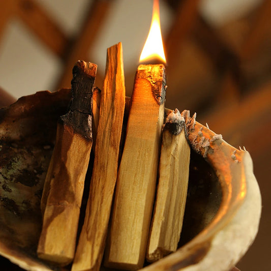Lot de dix bâtons d'encens en bois naturel allumés avec une flamme dans un bol