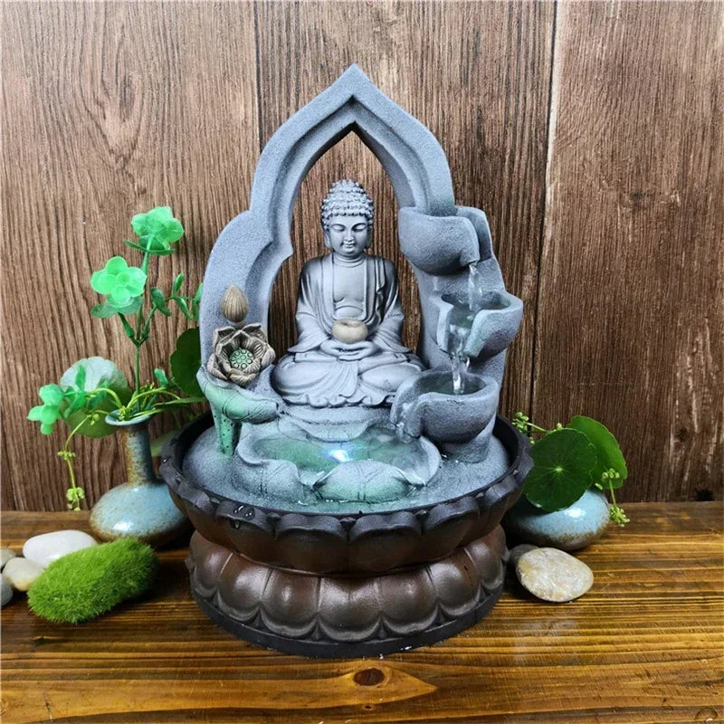 Cascade d'eau décorative avec Bouddha sur fond marron