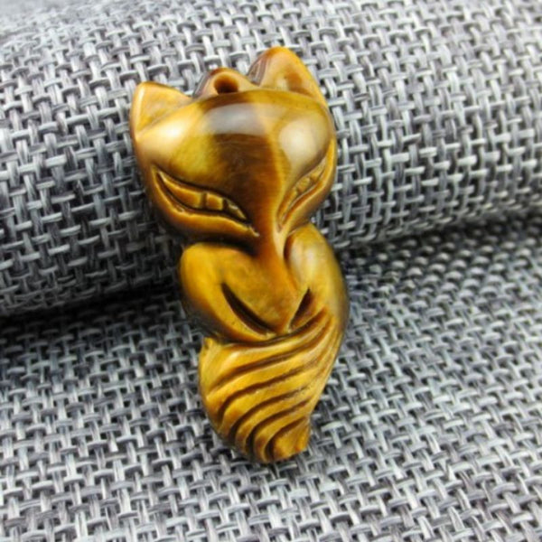 Pendentif Renard En Pierre œil De Tigre - Collier Réglable Nylon 38-70 Cm - Bijou Unisexe Symbolique - Livré Avec Boîte Cadeau
