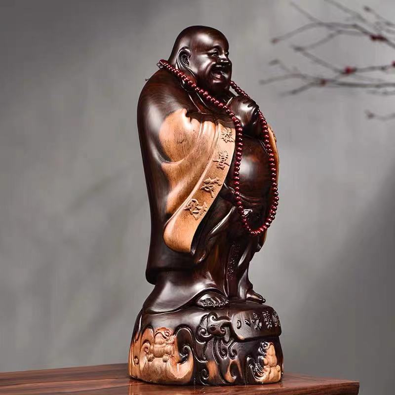 Statue Bouddha Rieur en bois sculpté – vue 3