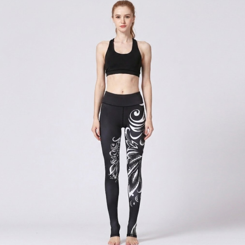 Legging de yoga noir, imprimé arabesque blanc