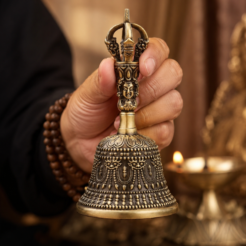 Cloche tibétaine en laiton, dorje gravé – vue 7