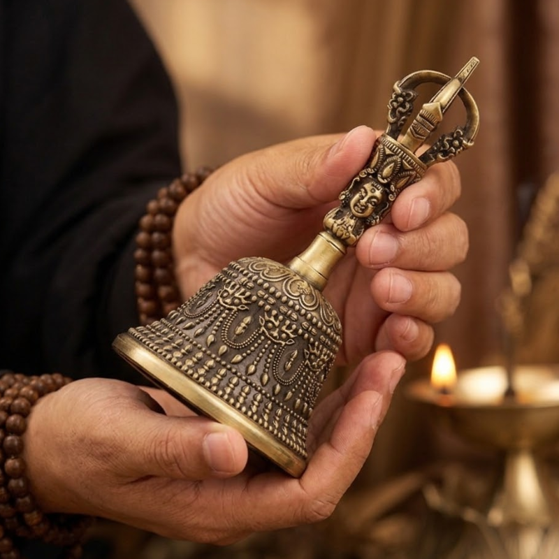 Cloche tibétaine en laiton, dorje gravé – vue 8