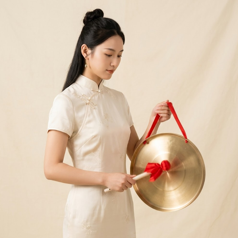 Gong tibétain en cuivre poli et maillet – vue 8