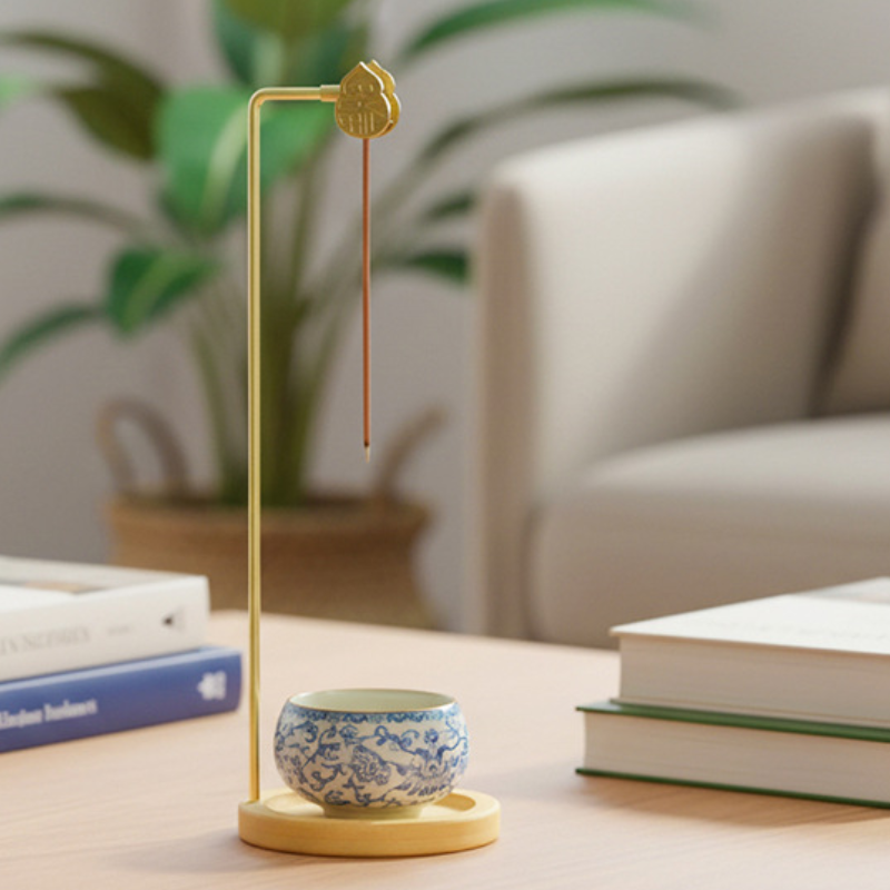 Porte-encens lotus suspendu, laiton et céramique – vue 4