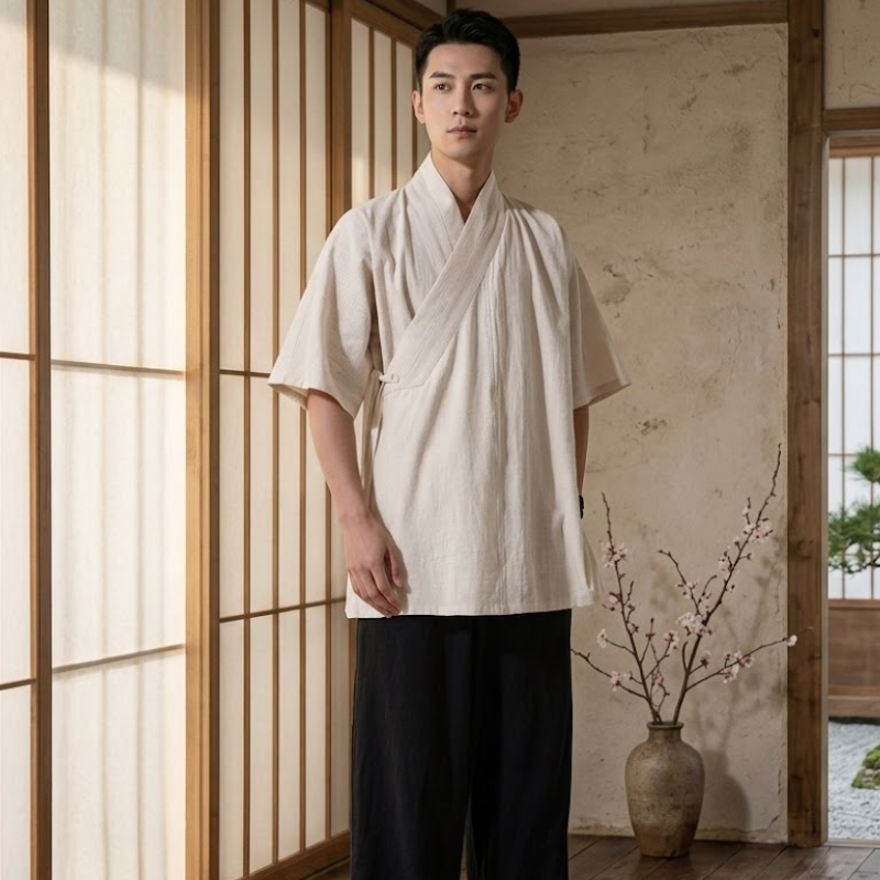 Kimono de méditation, coton lin écru – vue 3