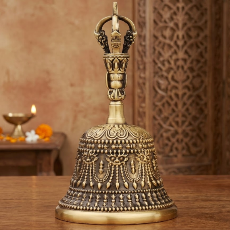 Cloche tibétaine en laiton ciselé, dorje – vue 2