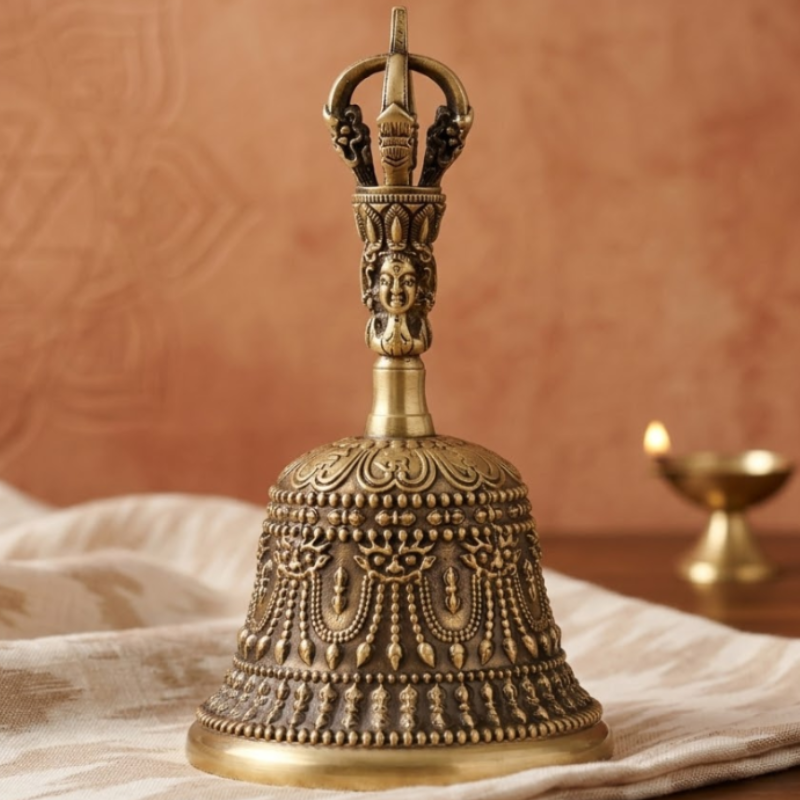 Cloche tibétaine en laiton ciselé, dorje