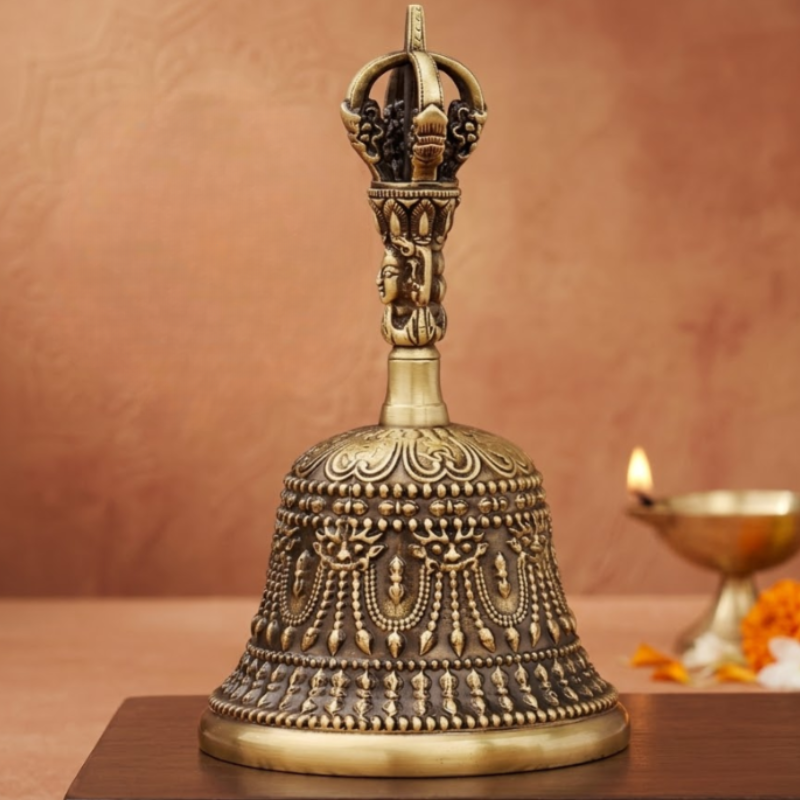 Cloche tibétaine en laiton ciselé, dorje – vue 3