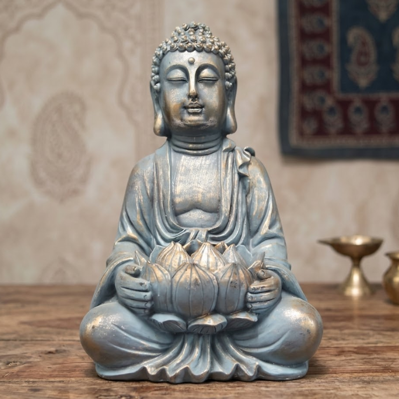 Statue Bouddha au lotus, méditation et paix