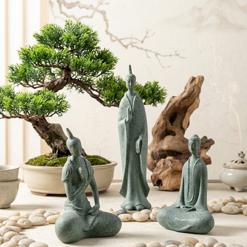 Statue Trois Sages Méditatifs en Céladon