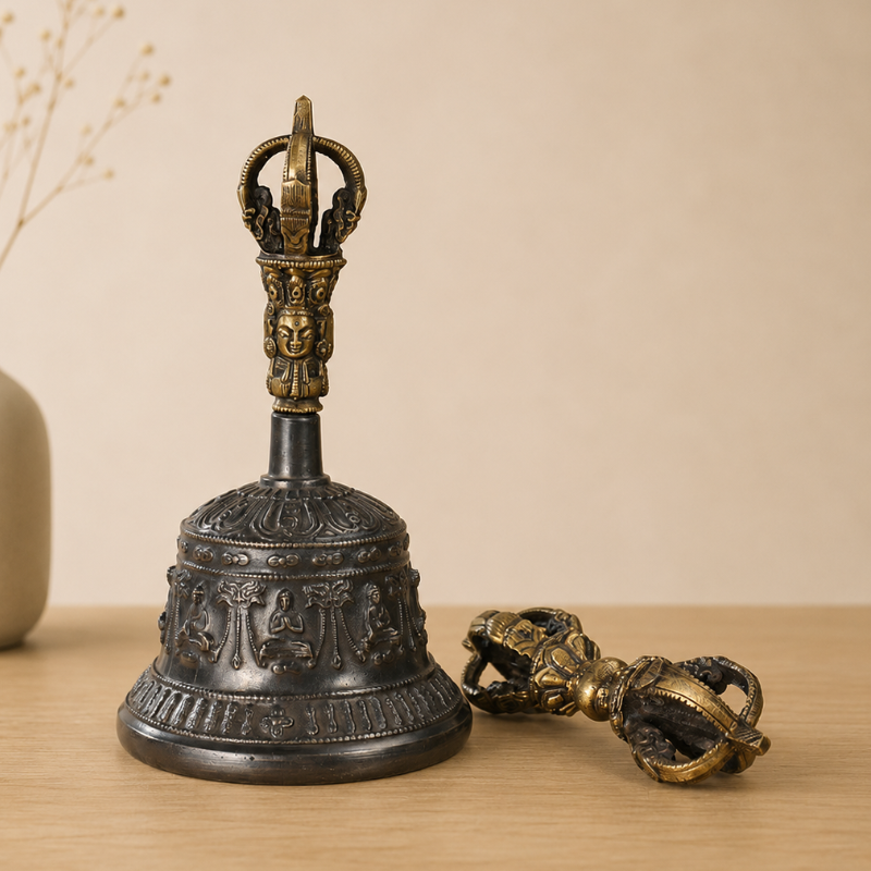Cloche tibétaine en laiton, ghanta et dorje – vue 6