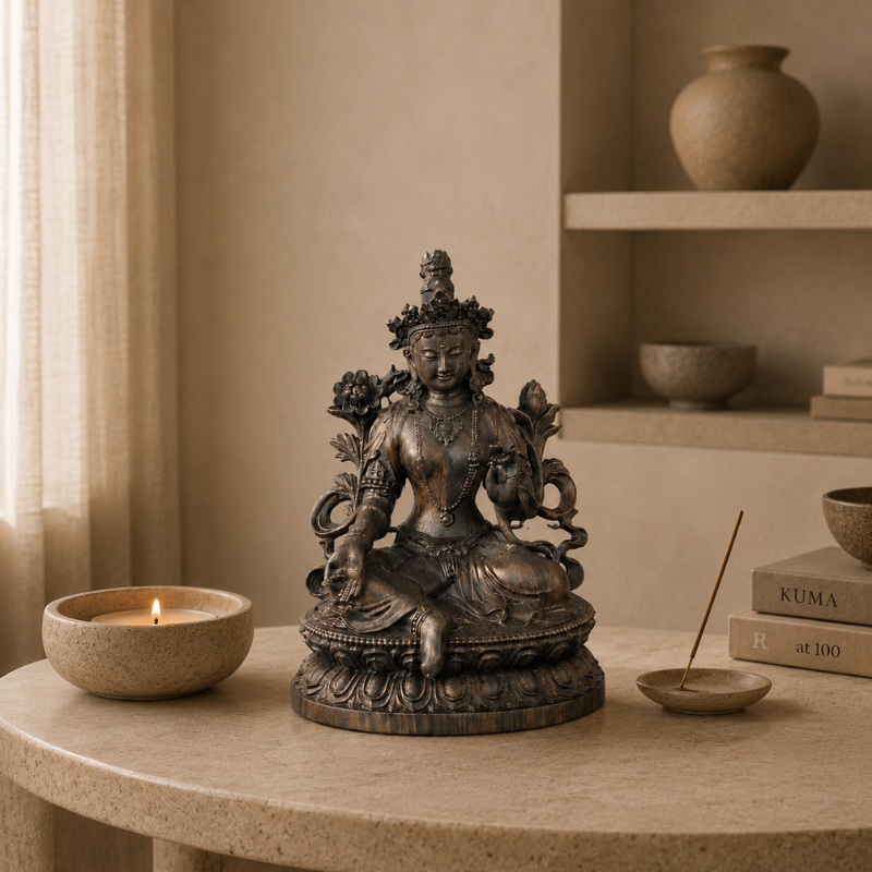 Statue Tara Verte en lotus, patine bronze – vue 3