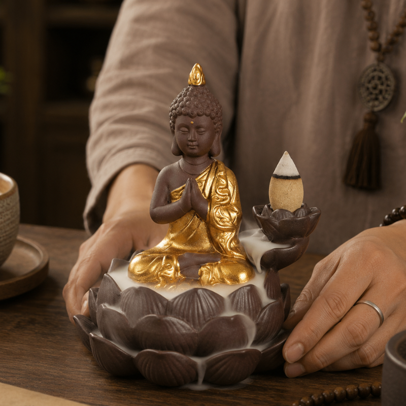 Porte-encens Bouddha lotus à reflux céramique – vue 8