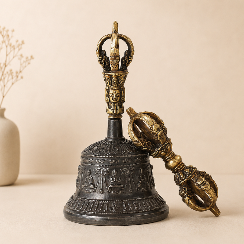 Cloche tibétaine en laiton, ghanta et dorje – vue 3