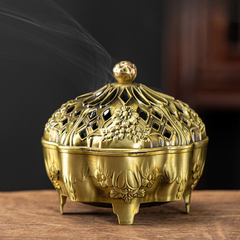 Brûle-encens ajouré en laiton, fleur de lotus Image