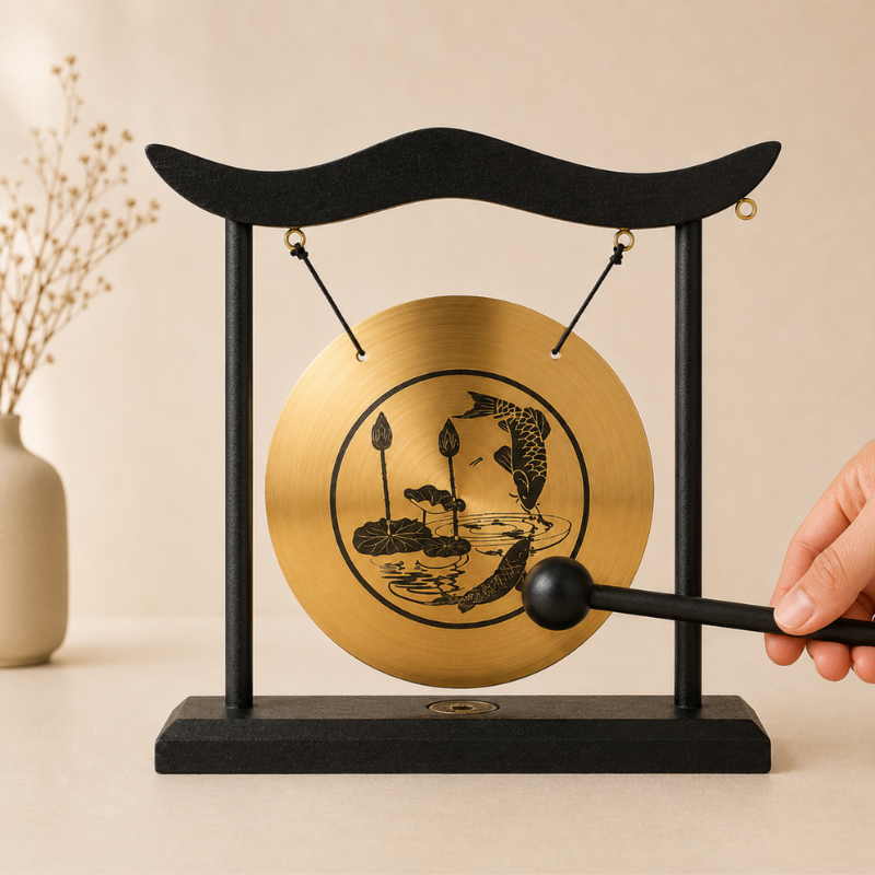 Gong tibétain de table, laiton et portique zen – vue 10