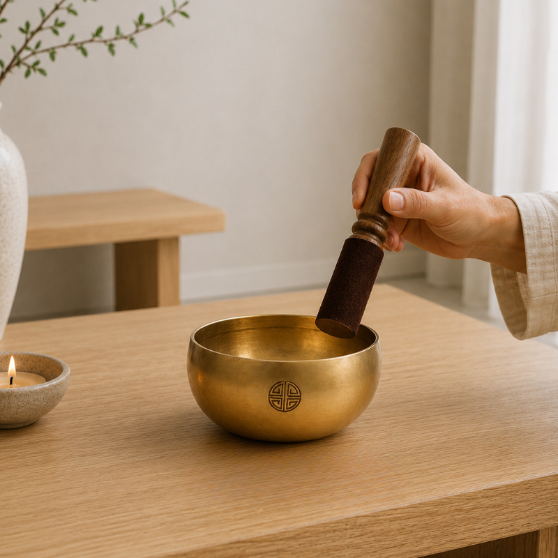 Bol chantant tibétain XL en laiton doré – vue 4