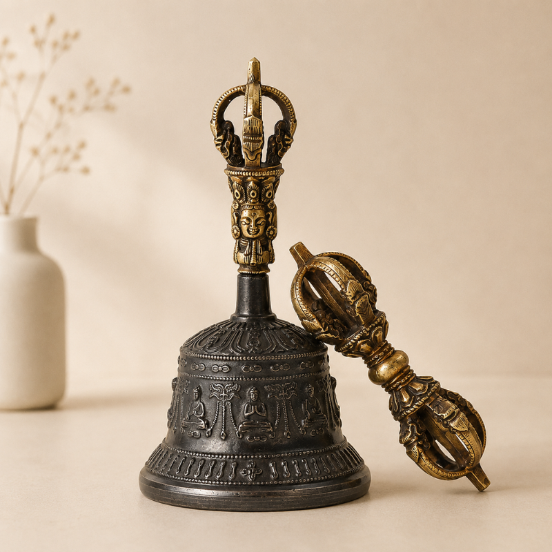 Cloche tibétaine en laiton, ghanta et dorje – vue 2