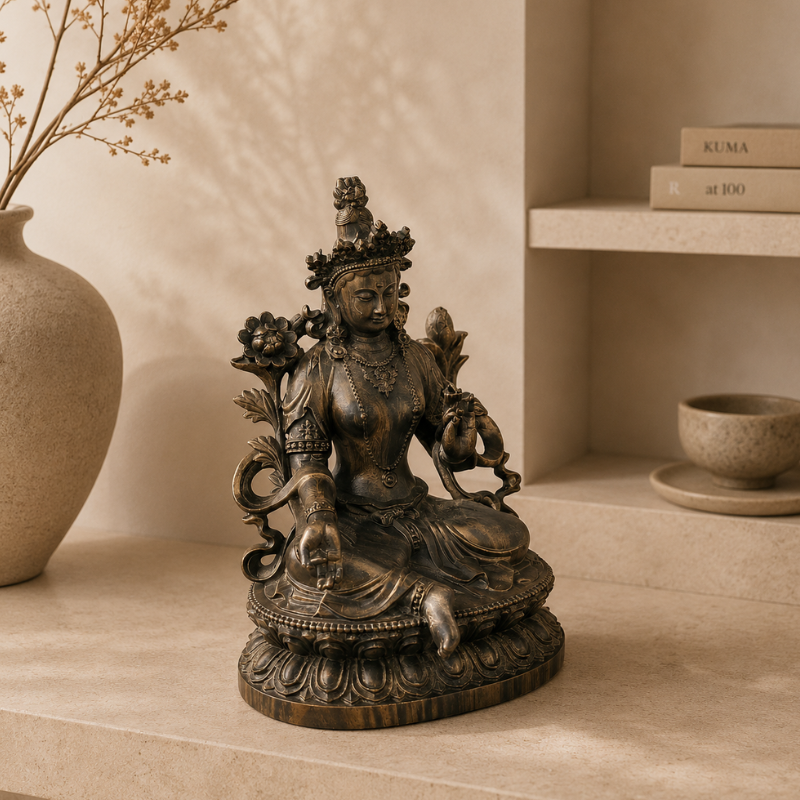 Statue Tara Verte en lotus, patine bronze – vue 4