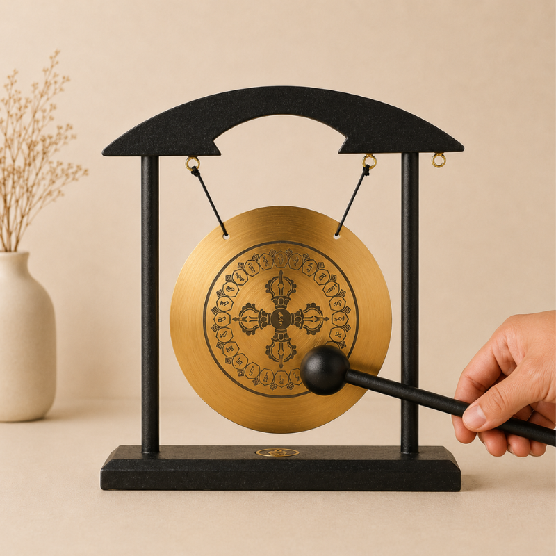 Gong tibétain de table, laiton et portique zen – vue 14
