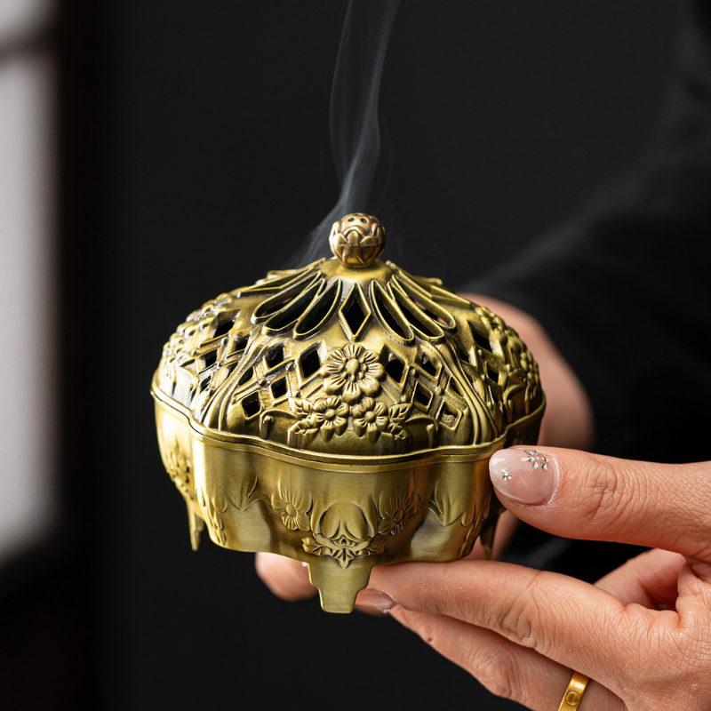 Brûle-encens ajouré en laiton, fleur de lotus – vue 3