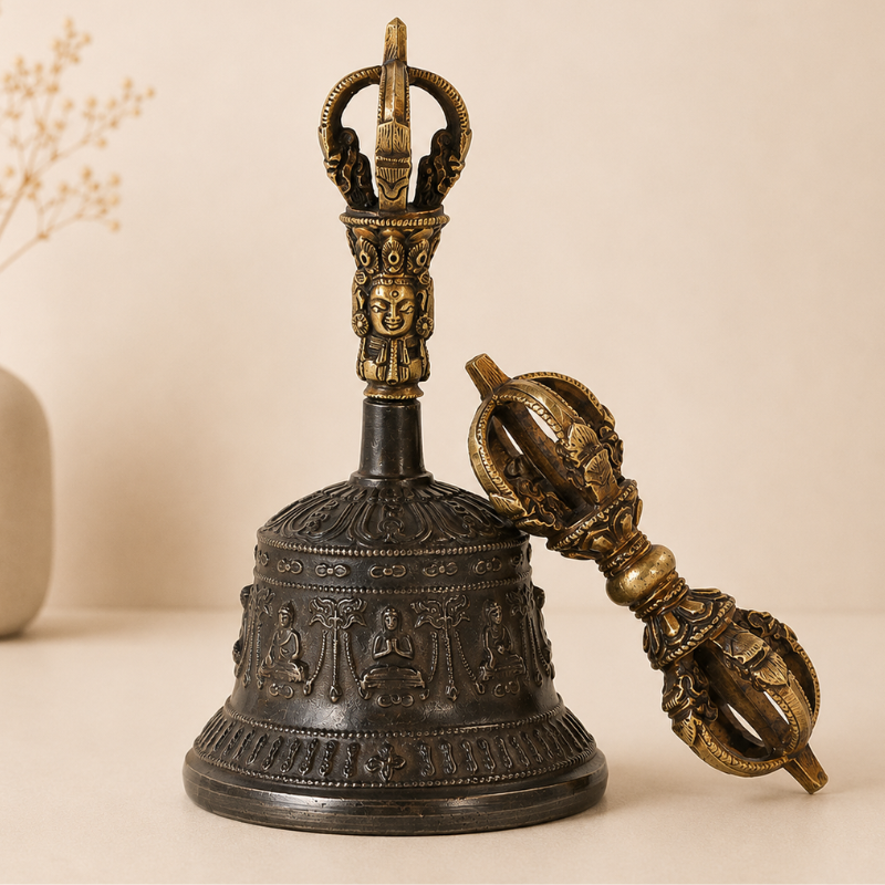 Cloche tibétaine en laiton, ghanta et dorje