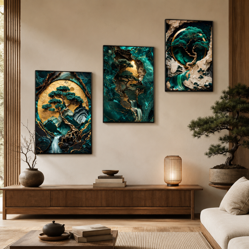 Tableau zen Arbre de vie, triptyque émeraude – vue 5