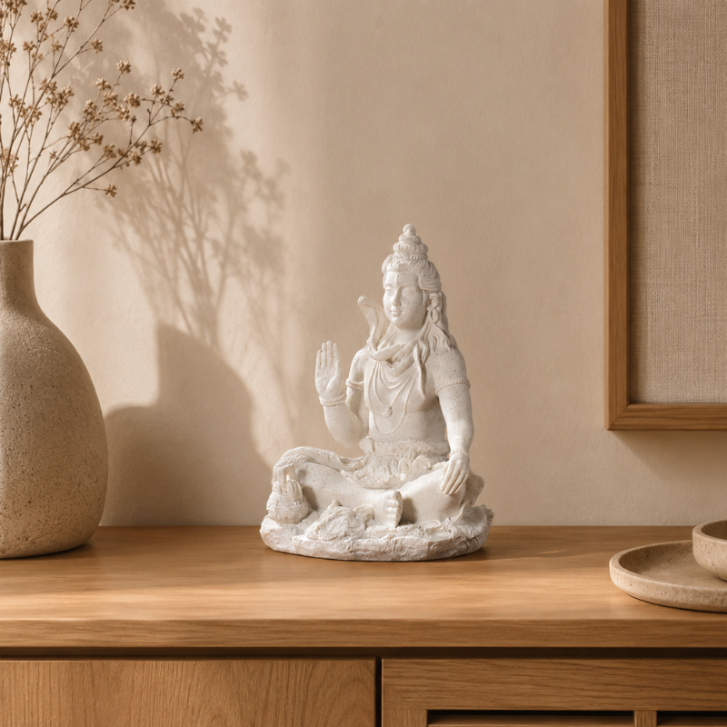 Statue Shiva en méditation, finition pierre claire – vue 2