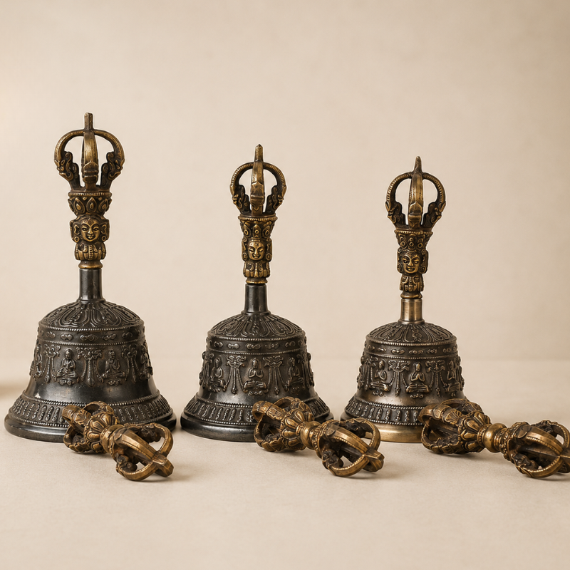 Cloche tibétaine en laiton, ghanta et dorje – vue 4