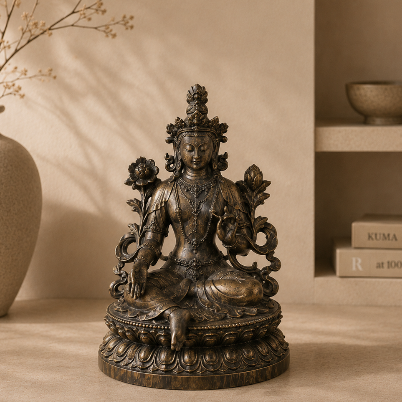 Statue Tara Verte en lotus, patine bronze